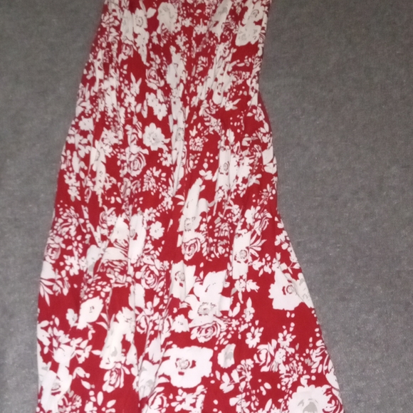 Red and White Floral Button Down Full Hi Low Maxi Dress with Tassel Tie size S - Picture 2 of 5